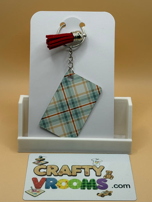 Rectangle keychain w/tassel - Warm plaid