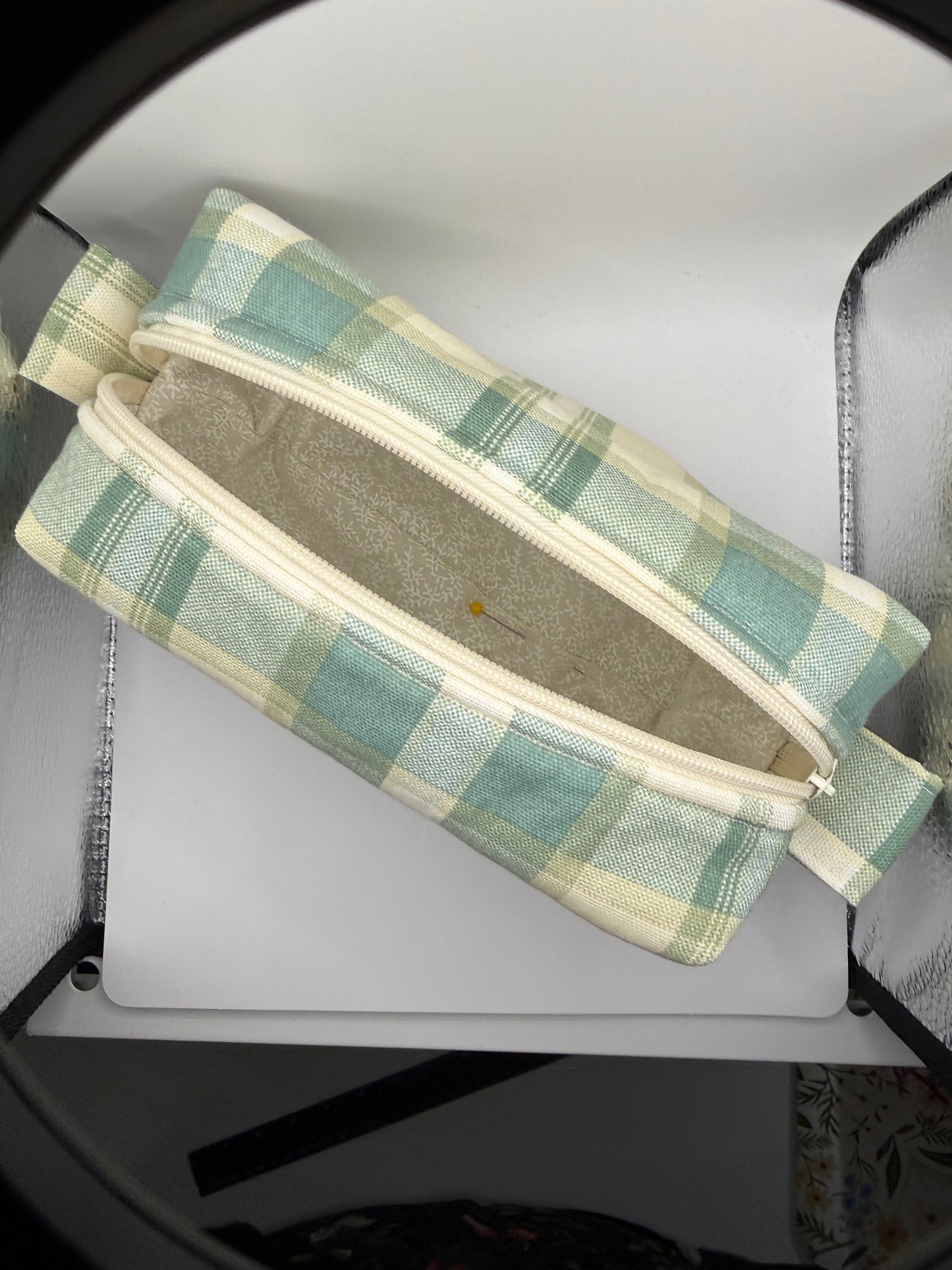 Medium sized travel cosmetic bag - green & ivory plaid