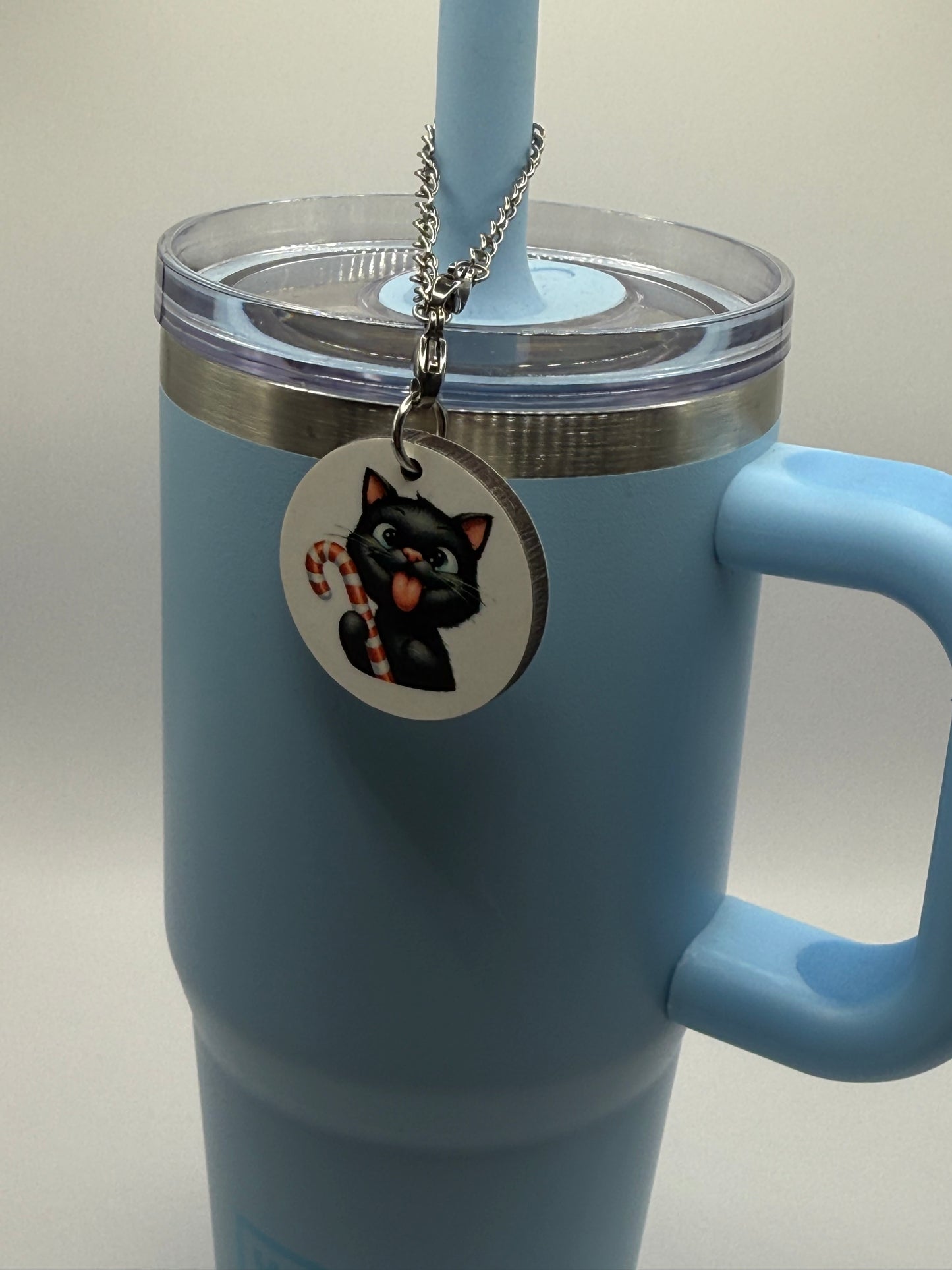 Round charm for tumbler or bag - Candy cane cat