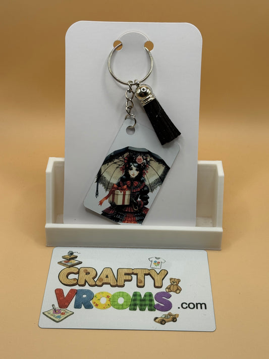 Rectangle keychain w/tassel - Academia goth girl