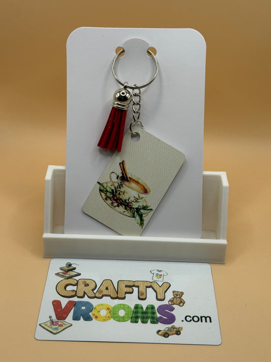 Rectangle keychain w/tassel - Academia cozy drink