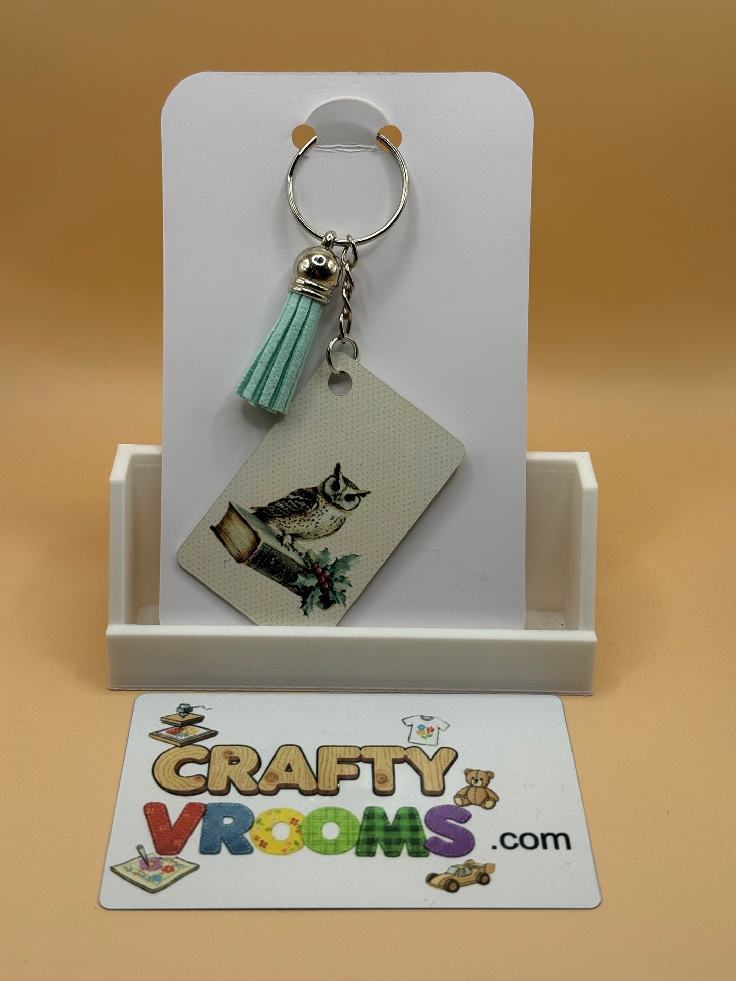 Rectangle keychain w/tassel - Academia owl