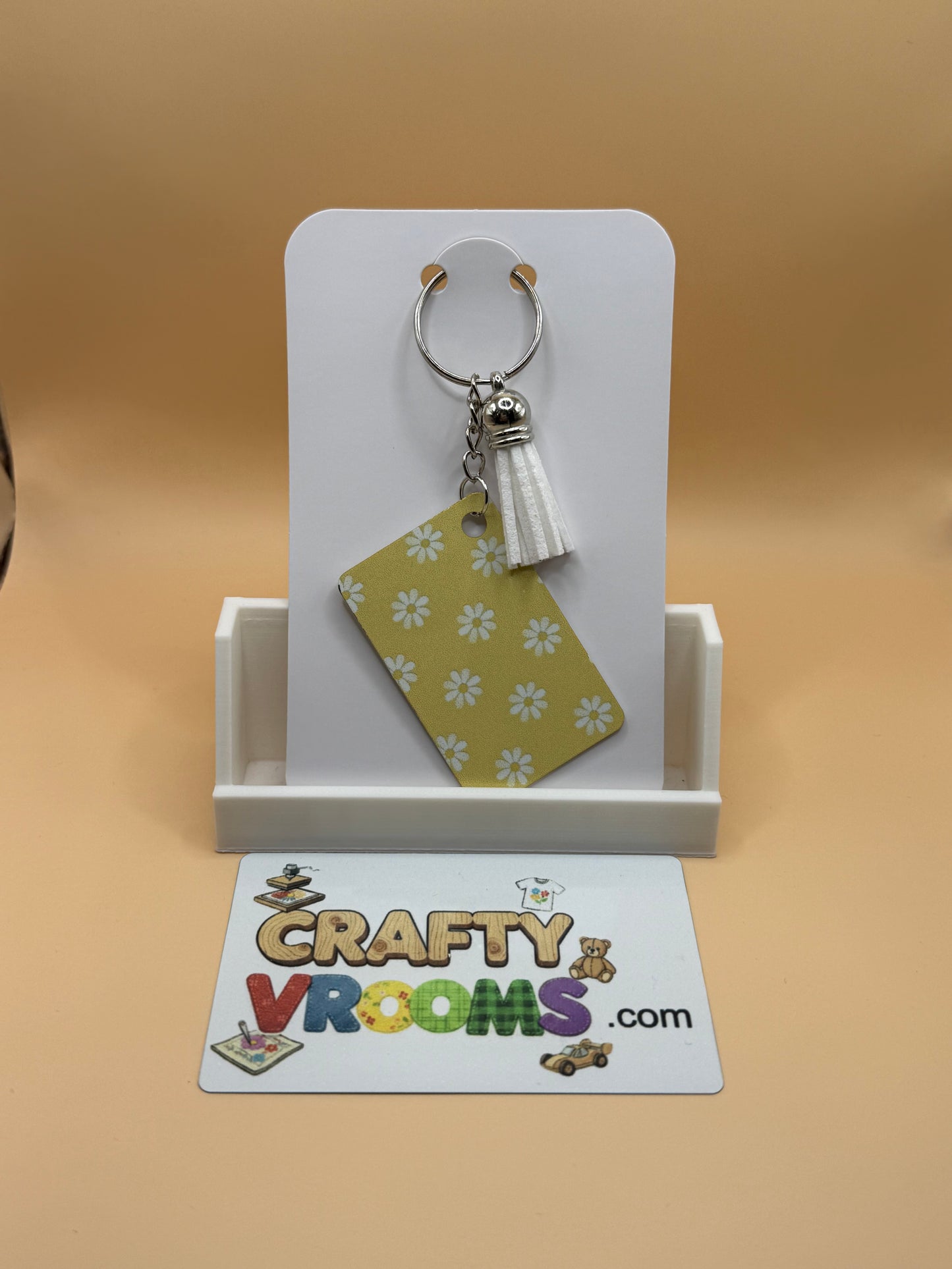 Rectangle keychain w/tassel - Floral yellow daisies