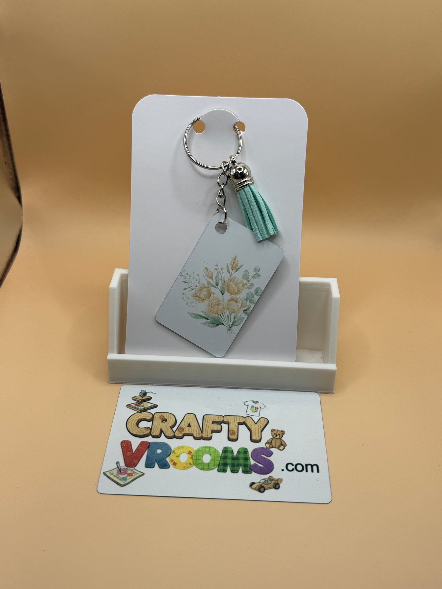 Rectangle keychain w/tassel - Floral peach bouquet