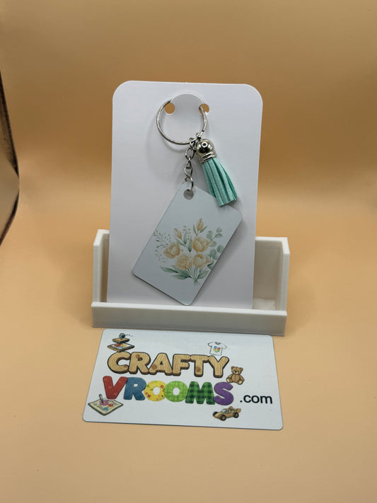 Rectangle keychain w/tassel - Floral peach bouquet