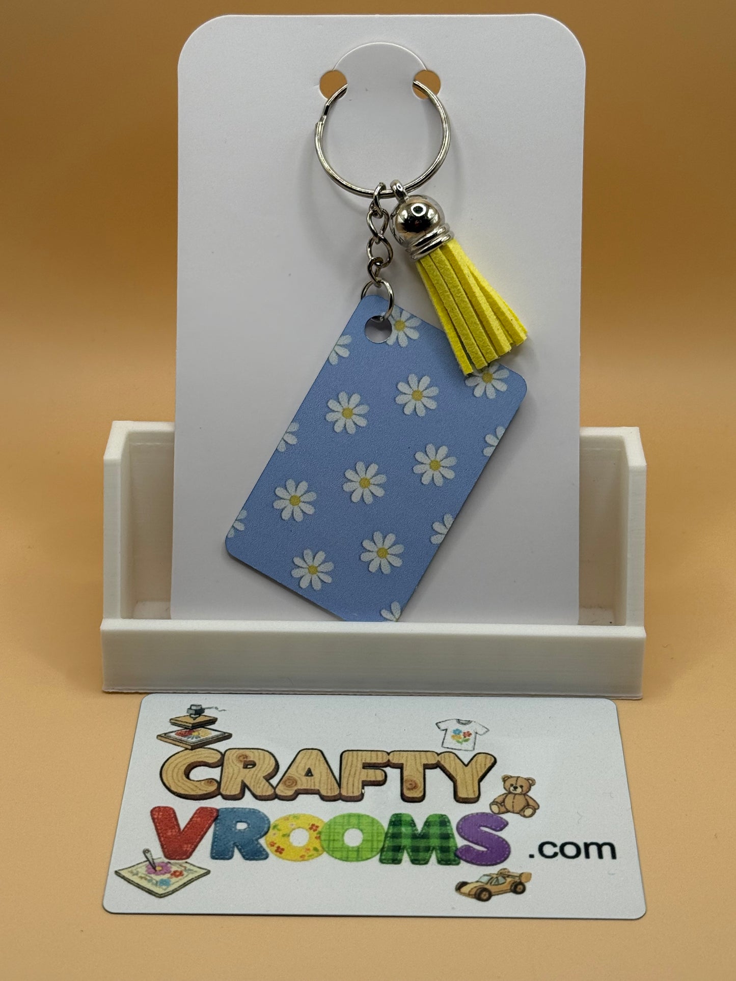Rectangle keychain w/tassel - Floral blue daisies