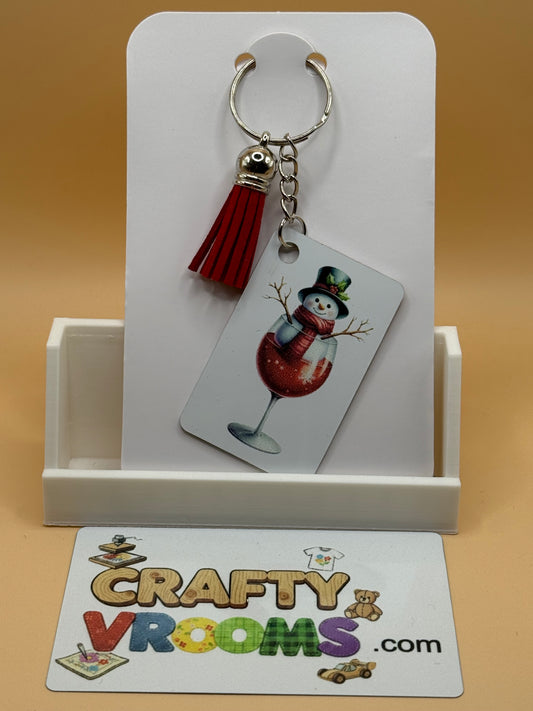 Rectangle keychain w/tassel - Red wine snowman