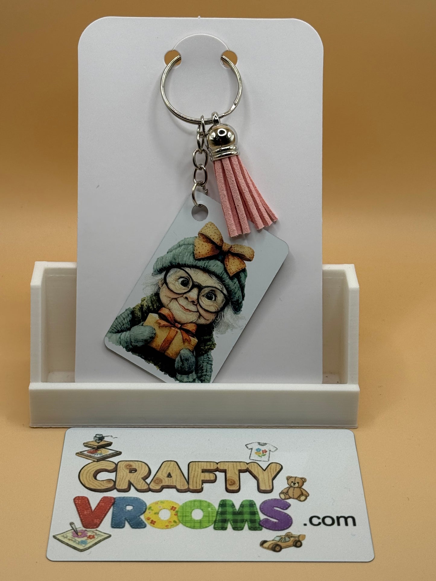 Rectangle keychain w/tassel - Whimsical old lady