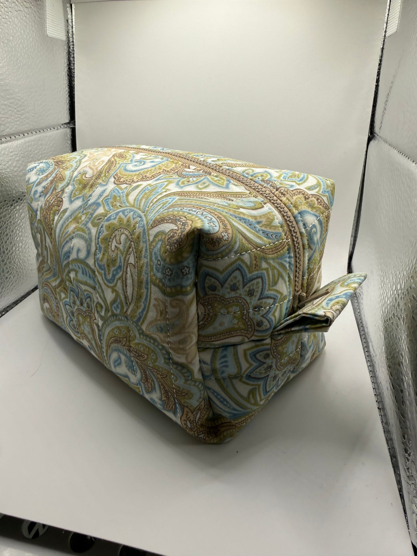 Medium sized travel cosmetic bag - Blue & Brown paisley